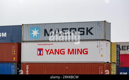 SENOV, CZECH REPUBLIC - APRIL 13, 2023: Maersk and Yang Ming containers at logistics centre Stock Photo