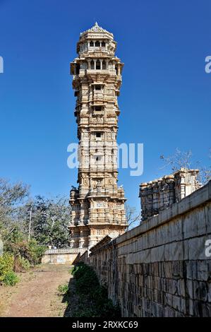 The Vijaya Stambha is an imposing victory monument located within Chittorgarh Fort in Chittorgarh Stock Photo