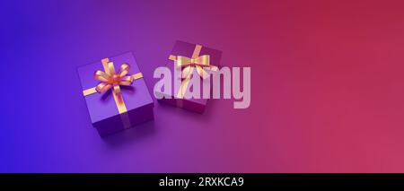 Gifts box with golden ribbon on gradient background. 3D rendering. Stock Photo