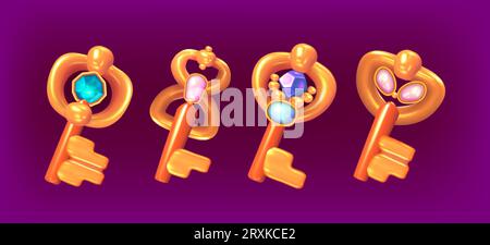 Set of old golden keys ui elements with glowing gemstones and crystals. Collection of game props, level awards. Gui design elements, magic objects. Cartoon graphics for quest, rpg or arcade. Stock Vector