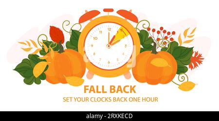 Fall Back banner. Change clocks back one hour. Daylight Saving Time ends at november. Autumn reminder with clocks and pumpkins Stock Photo