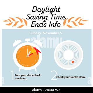 Fall back, Daylight saving time ends 5 november 2023 banner. Reminder with info about changing time and batteries in smoke alarm. Clock back one hour. Stock Vector