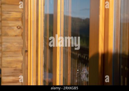 Windows with high-performance frames for thermal and acoustic insulation. highlighting the double rooms between the glass. Stock Photo