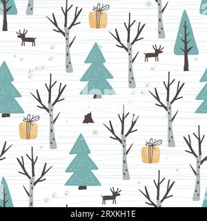 Winter seamless pattern with doodle hand drawn birch and fir trees forest, gift boxes, fox and deer. Cartoon flat Scandinavian style, design textile Stock Vector