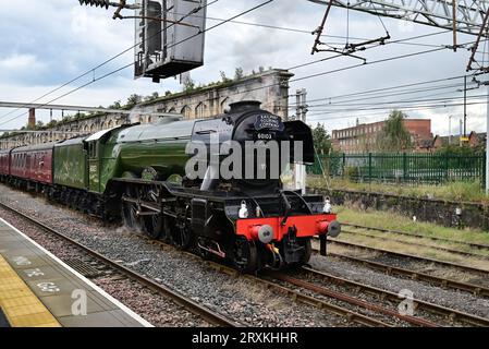 Celebrity Class A3 steam locomotive No 60103 Flying Scotsman waiting at Carlisle Citadel station after hauling The Waverley rail-tour from York. Stock Photo