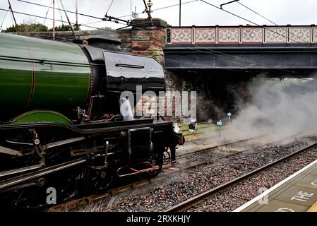 Celebrity Class A3 steam locomotive No 60103 Flying Scotsman waiting at Carlisle Citadel station after hauling The Waverley rail-tour from York. Stock Photo