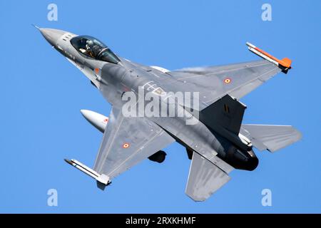 F-16 Fighting Falcon fighter jet from the Belgian Air Force in flight over Florennes Air Base. Florennes, Belgium - June 15, 2017 Stock Photo