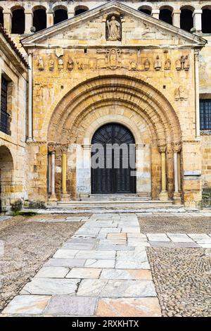 Entrance of the Collegiate church of Santa Juliana monastery, an example of Romanesque architecture. Santillana del Mar, Spain. Stock Photo