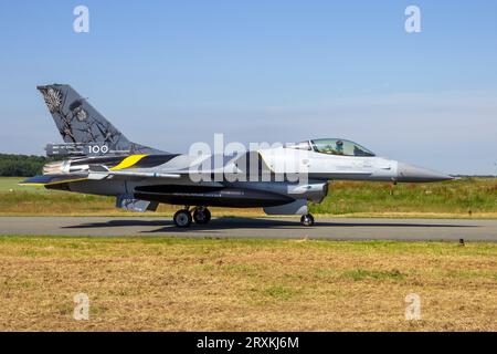 Belgian Air Force F-16 fighter jet plane taxiing to the runway at Florennes Air Base, Belgium - June 15, 2017 Stock Photo