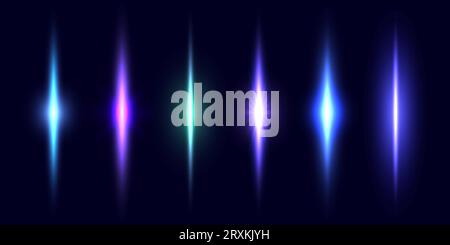 Neon divider line set. Glowing vertical stripes collection. Fluorescent electric light sticks pack. Shining laser beams LED effect bundle. Vector blue, purple, green elements for poster, banner, cover Stock Vector