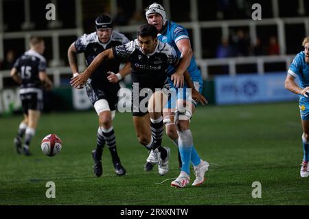 Newcastle, UK. 11th June, 2023. Matias Orlando of Newcastle Falcons attacks during the Premiership Cup match between Newcastle Falcons and Sale Sharks at Kingston Park, Newcastle on Friday 22nd September 2023. (Photo by Chris Lishman/MI News/NurPhoto) Credit: NurPhoto SRL/Alamy Live News Stock Photo