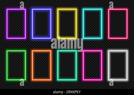 Neon frame door rectangle set. Glowing coloful rectangular border. Geometric shape action UI elements with copy space. Purple, blue, pink, yellow Stock Vector