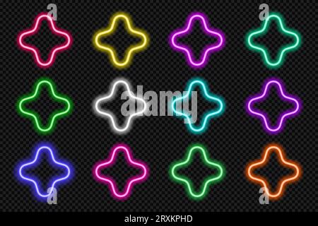 Neon round scallop border frames set. Glowing coloful flower button. Geometric shape action UI elements with copy space. Purple, blue, pink, yellow Stock Vector