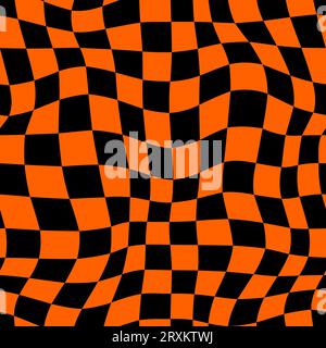 Halloween optical psychedelic pattern, curvy wavy background. Mesmerizing vector distorted black and orange squares swirl and dance, creating a surreal and hypnotic atmosphere for spooky season Stock Vector