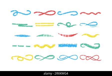 Set of crayon emphasis. strikethrough multi colored charcoal lines. doodle freehand different curved underlines. Horizontal hand drawn marker stripes, Stock Vector