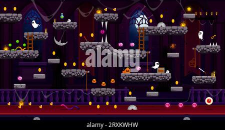 Arcade Medieval Halloween castle, game level map interface with vector stone platforms and golden coins on stairs. Ghosts, sweets and pumpkins in castle background with Halloween monsters and bonuses Stock Vector