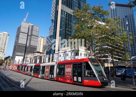 Light rail tram at the Circular Quay station, Sydney New South Wales, Australia. Stock Photo