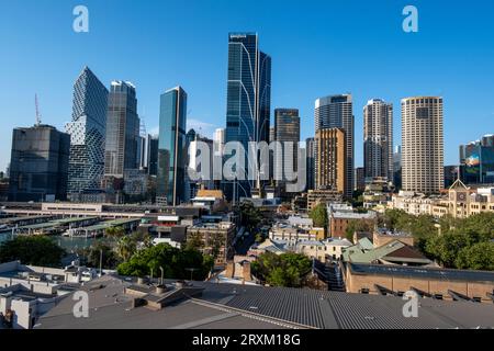Circular Quay in front of the skyline of Sydney, New South Wales, Australia Stock Photo