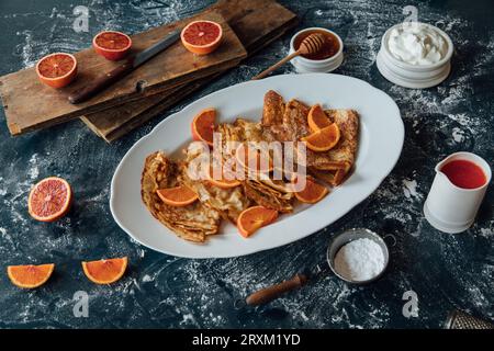 Pancakes with blood oranges Stock Photo