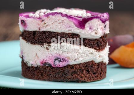 Delicious puff pastry with chocolate biscuits and berry flavor, delicious pastry with butter cream and fruit layer Stock Photo