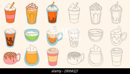 Coffee cups set in doodle style. Various cups line art style drawn collection with cream, straws, caramel and foam. Vector illustration isolated on Stock Vector