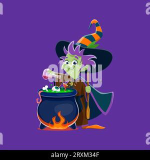 Halloween witch with cauldron, horror night holiday vector cartoon character for trick or treat. Halloween celebration funny old witch with broom making magic potion of bone and zombie eye in cauldron Stock Vector
