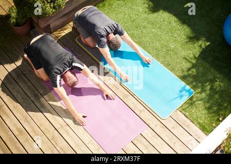 Mature couple practicing yoga in back yard Stock Photo