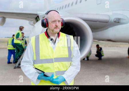 Middle aged man holding digital tablet by airplane Stock Photo