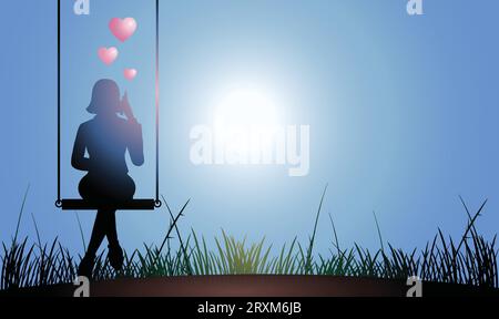 Silhouette of a girl talking on a cell phone with her lover, vector illustration Stock Vector