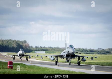 26 September 2023, Estonia, Ämari: Spanish Air Force Eurofighters taxi to the hangar after landing at Ämari Airbase. Photo: Kay Nietfeld/dpa Stock Photo