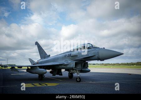 26 September 2023, Estonia, Ämari: Spanish Air Force Eurofighters taxi to the hangar after landing at Ämari Airbase. Photo: Kay Nietfeld/dpa Stock Photo