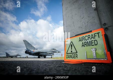 26 September 2023, Estonia, Ämari: Spanish Air Force Eurofighters stand on the tarmac at Ämari Airbase after landing. Photo: Kay Nietfeld/dpa Stock Photo