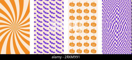 Happy Halloween simple card collection. Set of vertical banners, instagram stories, invitation. Trendy retro style. Vector illustration Stock Vector