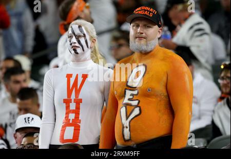 Cincinnati, United States. 25th Sep, 2023. Cincinnati Bengals fans cheer for their team against the Los Angeles Rams at Paycor Stadium on Monday, September 25, 2023 in Cincinnati, Ohio. Photo by John Sommers II/UPI Credit: UPI/Alamy Live News Stock Photo