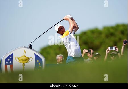 Team Europe's Justin Rose tees off the 11th, during a practice round at the Marco Simone Golf and Country Club, Rome, Italy, ahead of the 2023 Ryder Cup. Picture date: Tuesday September 26, 2023. Stock Photo