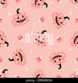 Pink pumpkin with flowers and candy corn. Halloween seamless pattern for wrapping paper, fabrics and kids clothes. Vector illustration Stock Vector