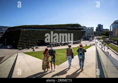 view from the walkable, green roof of the triangular pavilion to the Koe-Bogen II building with its green facade, Ingenhoven Valley, Gustaf-Gruendgens Stock Photo