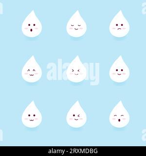 Cute happy smiling milk drop set collection.Vector flat cartoon illustration icon design.Isolated on blue background. Stock Vector
