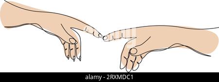 Continuous one line drawing two hands touch each other. Reconciliation concept.  The concept of tender relationships, mutual assistance. Vector illust Stock Vector