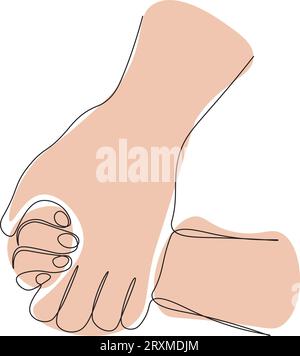Continuous one line drawing parent holds hand of small child. The concept of tender relationships, mutual assistance. Vector illustration Stock Vector