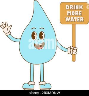 Concept drink more water. Cartoon cute drop water character in retro style. Zero waste. Vector ilustration Stock Vector