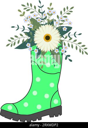 Cute bouquet in green rubber boots. Gardening boot with flowers. Spring Concept. Vector Illustration. Stock Vector