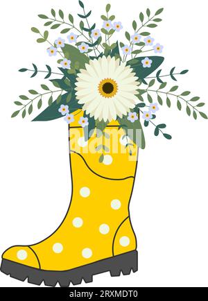 Cute bouquet in yellow rubber boots. Gardening boot with flowers. Spring Concept. Vector Illustration. Stock Vector