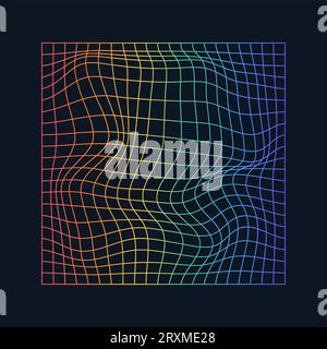 Distorted and warped rainbow laser grid on dark background. Retrowave, synthwave, rave, vaporwave.Trendy retro 1980s, 90s style. Vector illustration Stock Vector