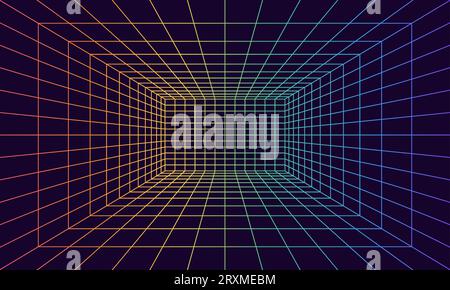 Grid room in perspective in 3d style. Indoor wireframe from rainbow laser beam,  digital empty box. Abstract geometric design. Vector illustration Stock Vector