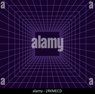 Grid room in perspective in 3d style. Indoor wireframe from  violet laser beam,  digital empty box. Abstract geometric design. Vector illustration Stock Vector