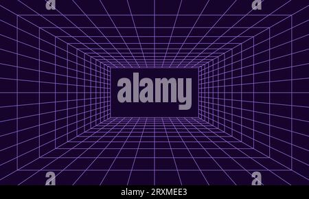Grid room in perspective in 3d style. Indoor wireframe from  violet laser beam,  digital empty box. Abstract geometric design. Vector illustration Stock Vector