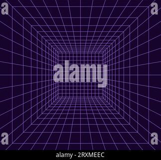 Grid room in perspective in 3d style. Indoor wireframe from  violet laser beam,  digital empty box. Abstract geometric design. Vector illustration Stock Vector