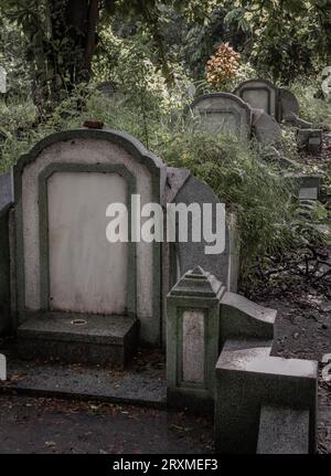 Bangkok, Thailand - 22 Sep, 2023 - Traditional chinese graves are at Chinese Cemetery in Bangkok city. A rows of gray stone tombstones is in the grave Stock Photo