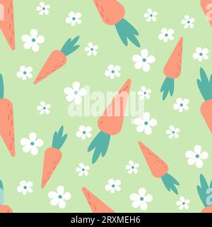 Easter seamless pattern with carrots and daisy. Cute hand drawn beautiful background, great for easter wrapping paper, banner, textile, wallpaper. Vec Stock Vector
